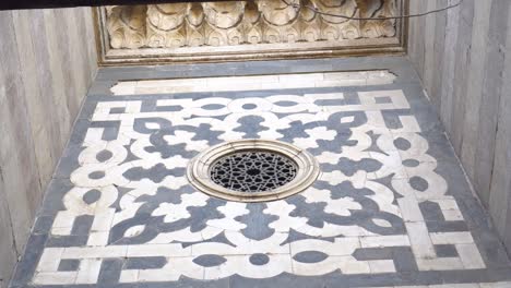 egypt mosque al-ashraf barsbay dome and islamic dome entrance pattern details close up.