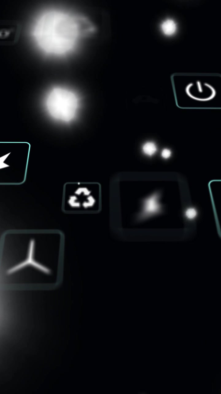 Vertical video: Frames moving sending neon icons into grid, centering car and recycle, showing UI