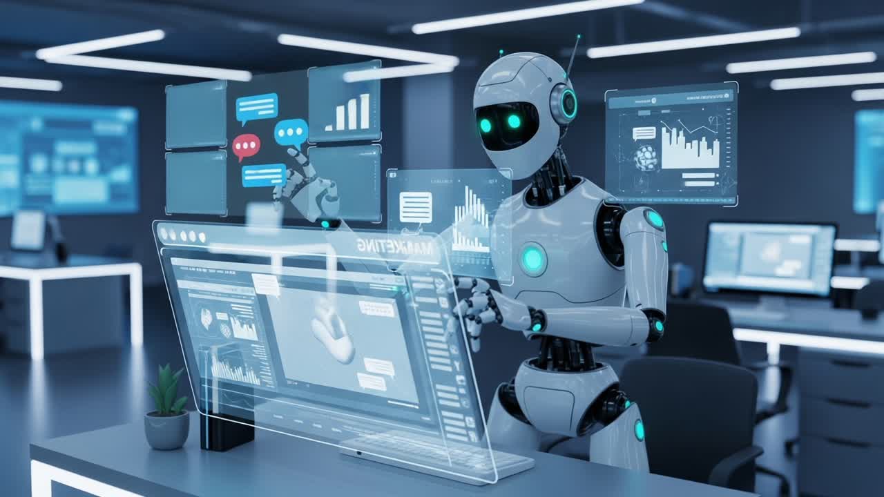 A futuristic robot engaged in data analysis meets advanced technology, showcasing artificial intelligence with digital displays and interactive interfaces