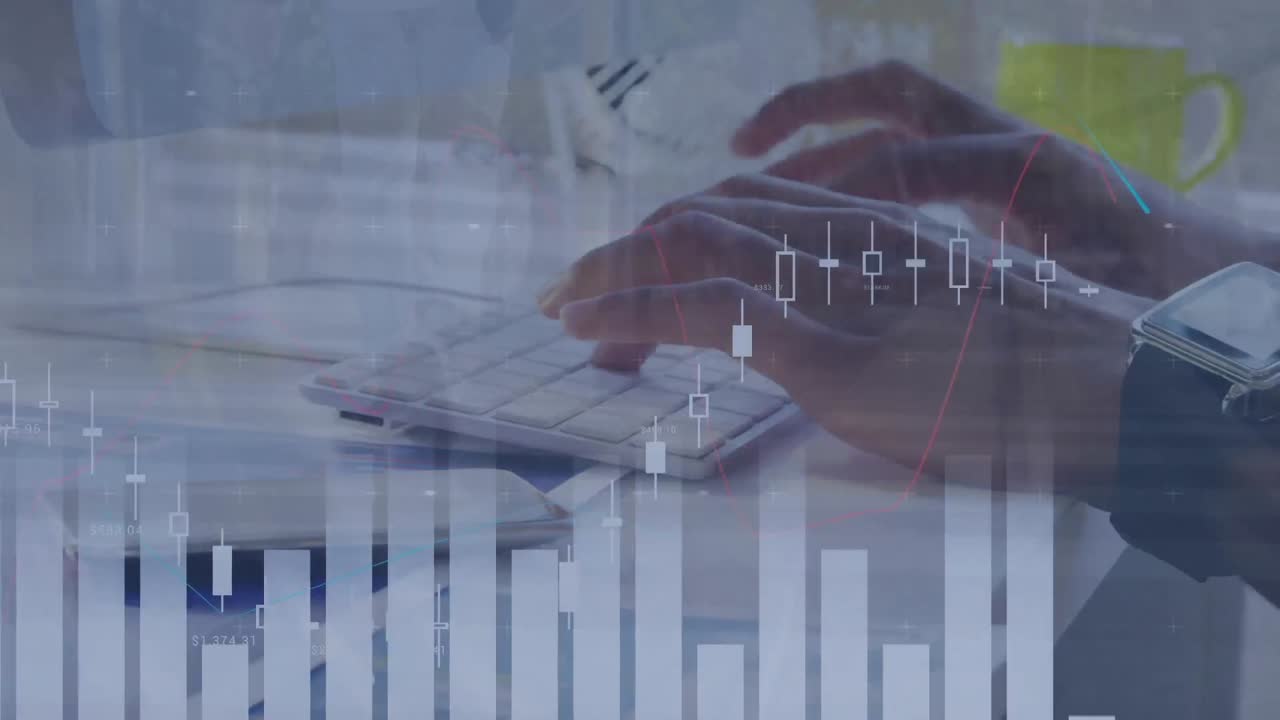 Animation of financial data processing over caucasian businessman using keyboard