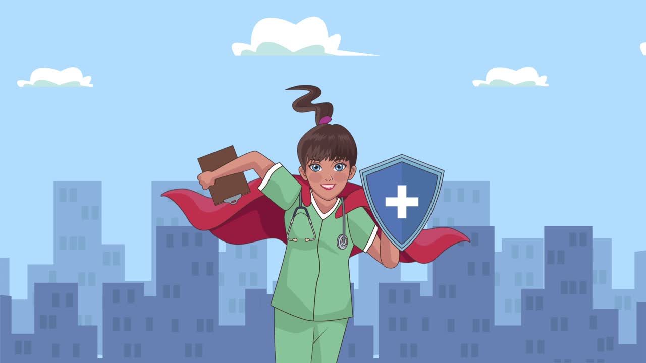 영웅 간호사는 도시 캐릭터에 방패를 가지고 달리고 있습니다.