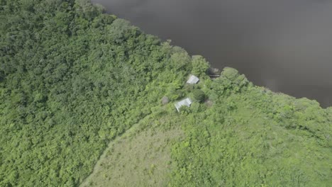 aerial view of isolated structure near rivershore with dense tropical forest in colombia