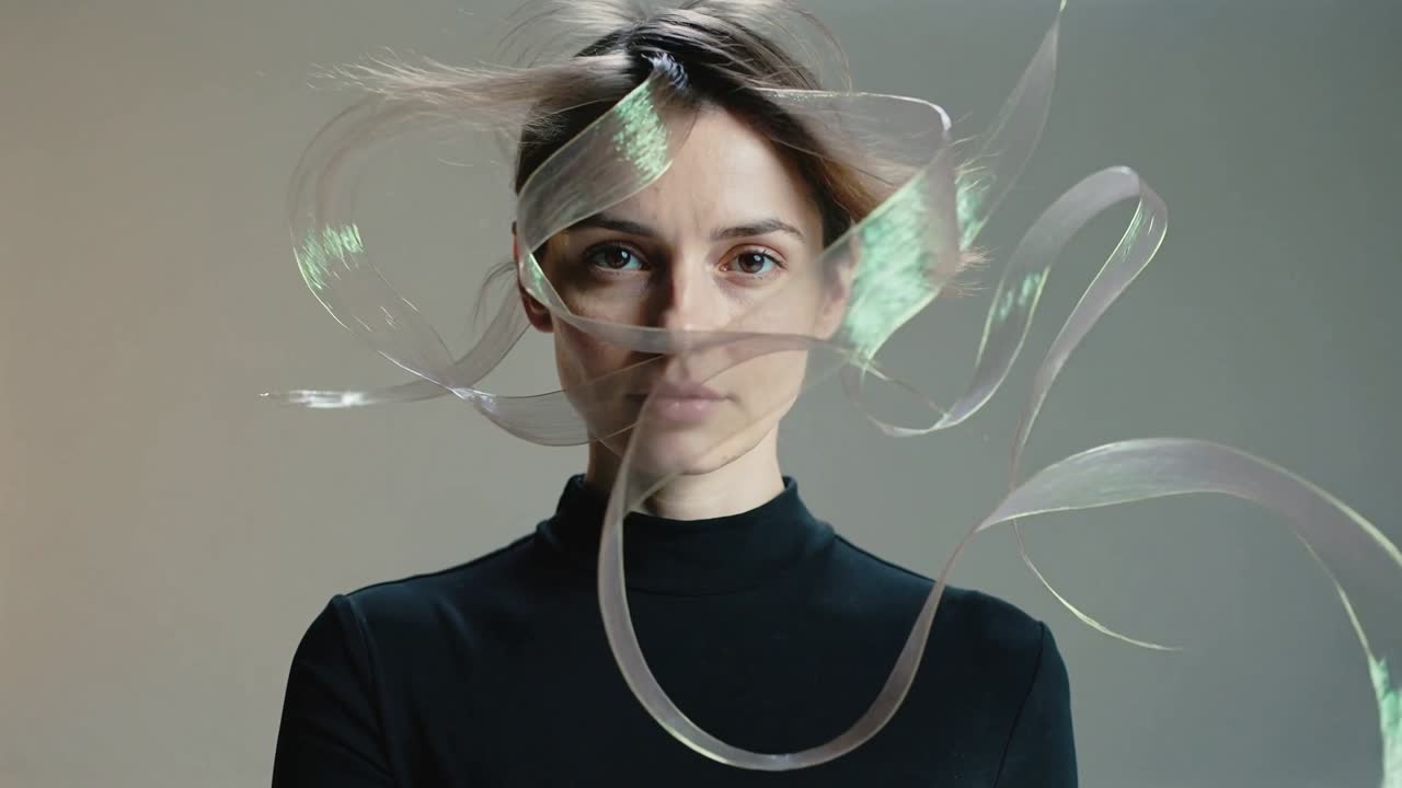 Raising demonstrator brushing hair with wooden brush in studio in black turtleneck, ribbons forming