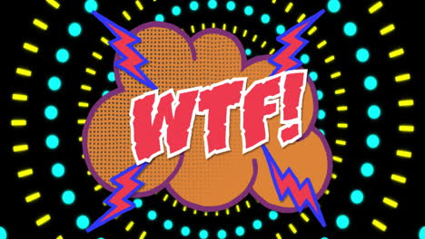 wtf! text with lightning bolts in colorful pop art animation style