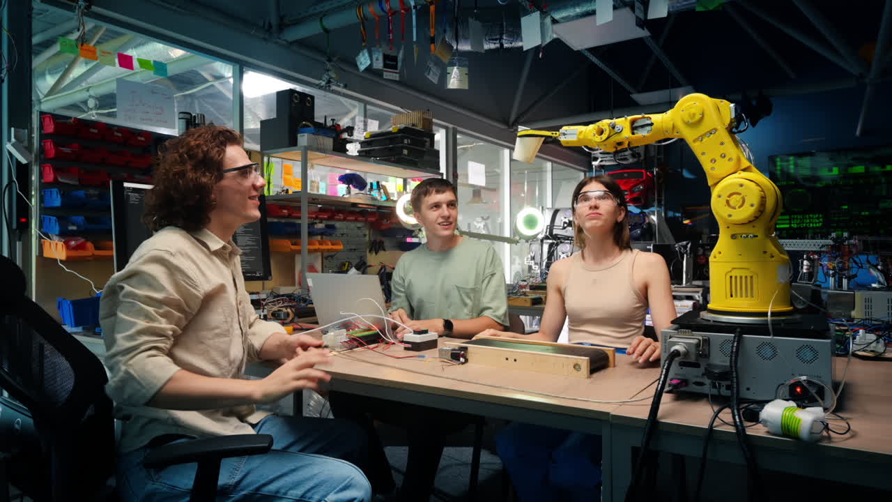 Group of young people doing experiments in robotics in a laboratory. Robots and tools on the table