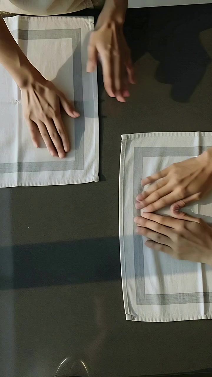 Vertical video: Starting flat, folding hands smoothing to align cloths at table, cuff, glass base