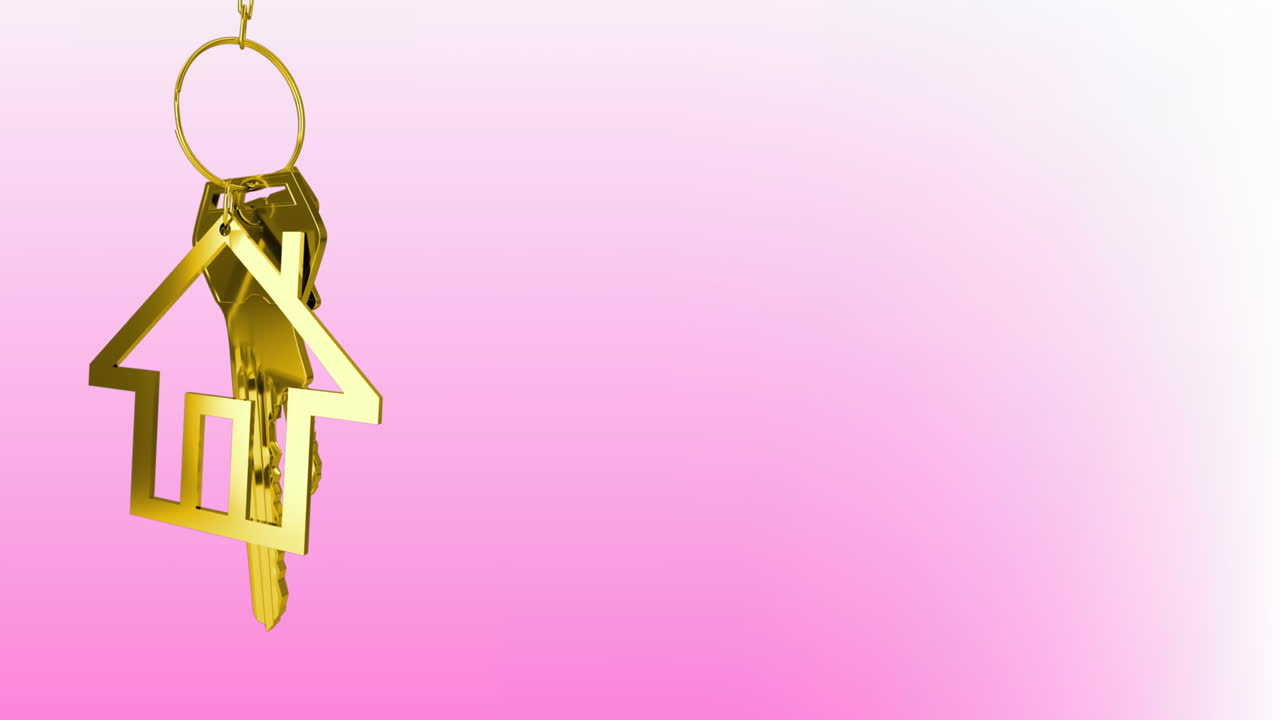 animación de llaves de casa doradas colgadas contra un fondo de gradiente rosa con espacio de copia