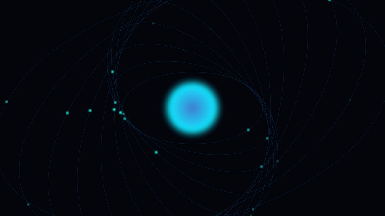 Animazione astratta di una sfera blu luminosa con particelle in orbita