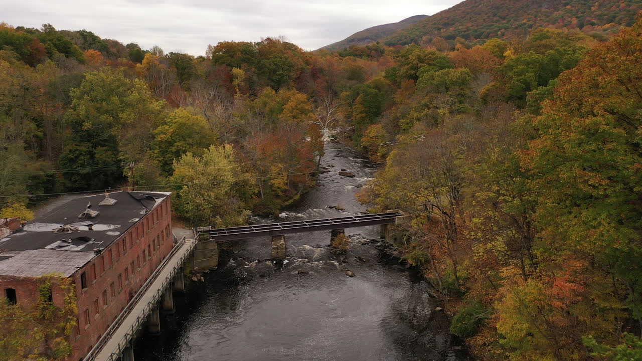 An aerial shot of the colorful fall foliage in upstate NY