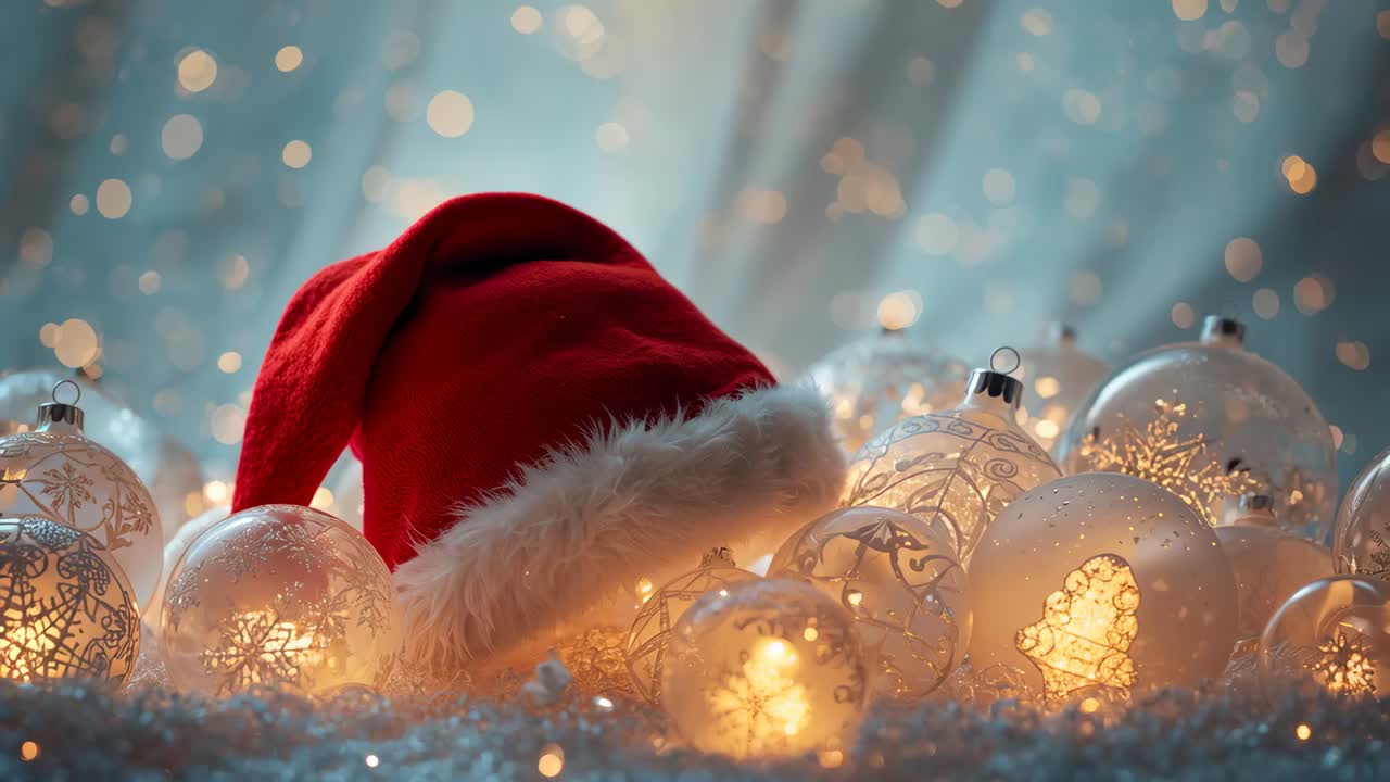 Inquadratura ravvicinata di un cappello da Babbo Natale rosso in feltro su neve artificiale, con decorazioni luminose