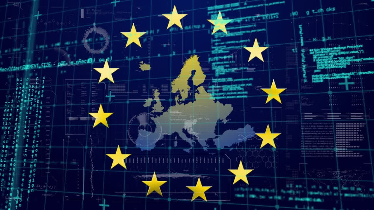 파란색 배경의 데이터 처리 인터페이스에 대한 eu 지도에서 회전하는 별의 애니메이션