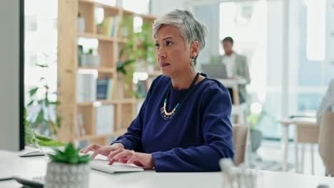 confused, computer and search with business woman