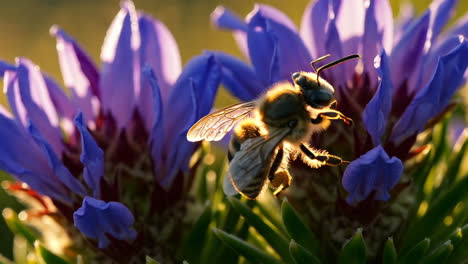a bee on a vibrant purple flower in bright sunlight