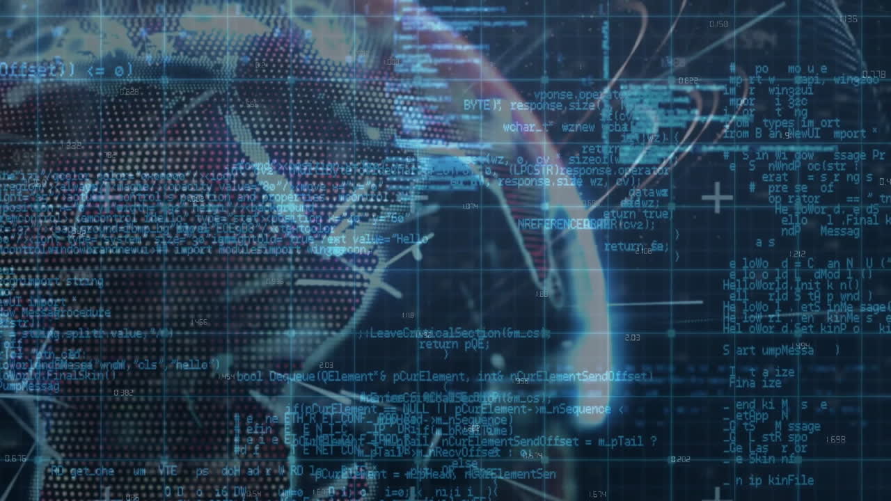 Digital Earth globe spinning in dark blue 3D UI, showing numeric labels and light arcs