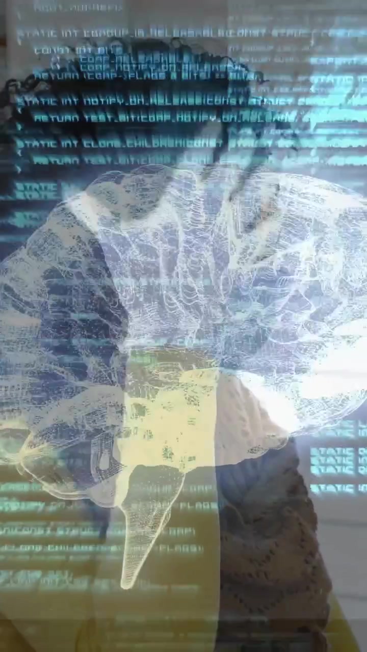 Turning woman wearing knit sweater brushing hair at home, holo brain and cyan code tracking head