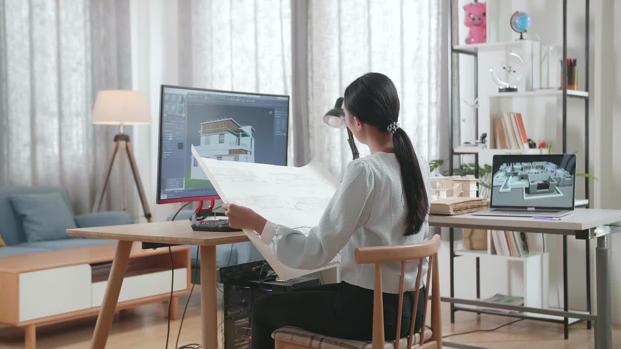 아시아 여성 엔지니어가 집에서 데스크에서 집을 설계하는 동안 청사진을 열고보고 있습니다. 사이버 게임 집 디자인과 장식