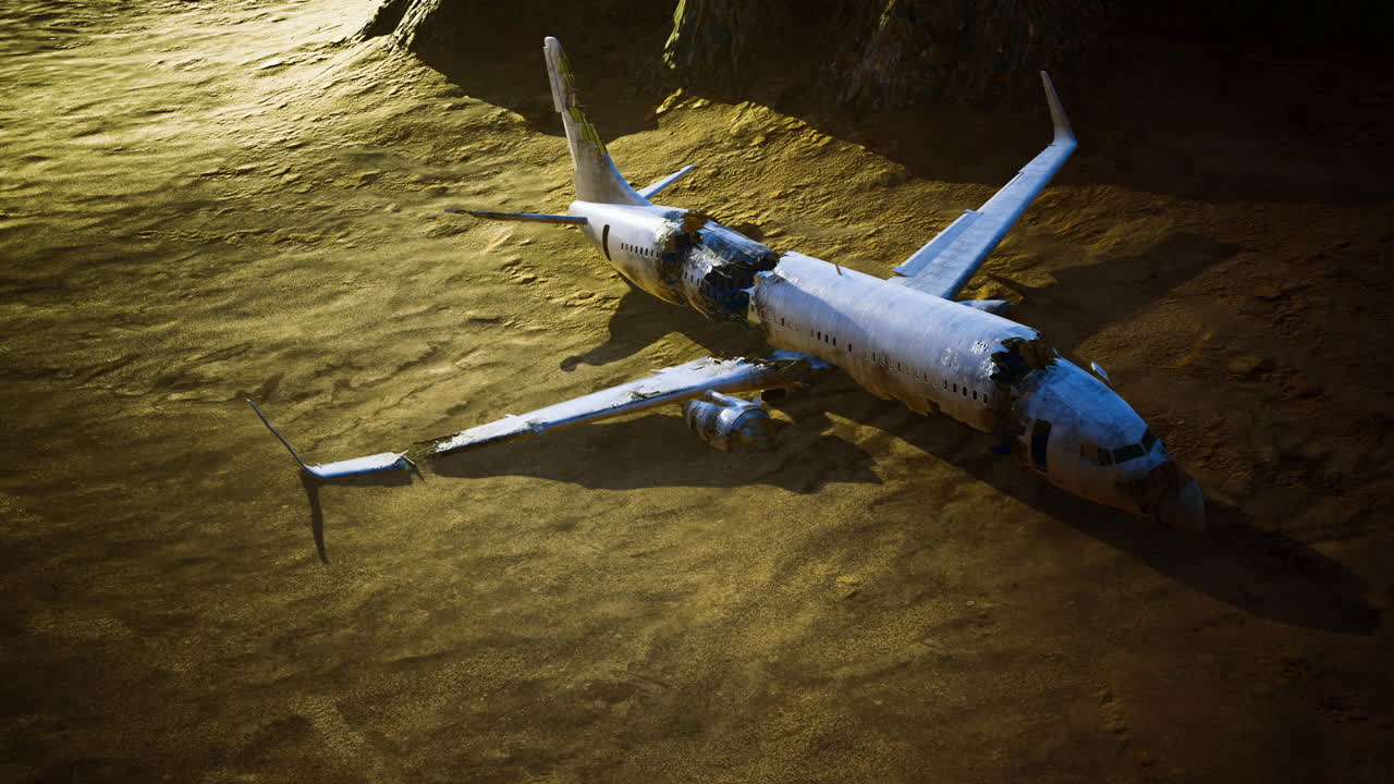 오래된 비행기 잔해가 황금빛 에 황량한 땅 위에 앉아 있다.