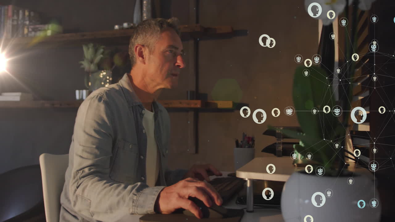 animación de la red de conexiones con iconos sobre empresario caucásico usando computadora
