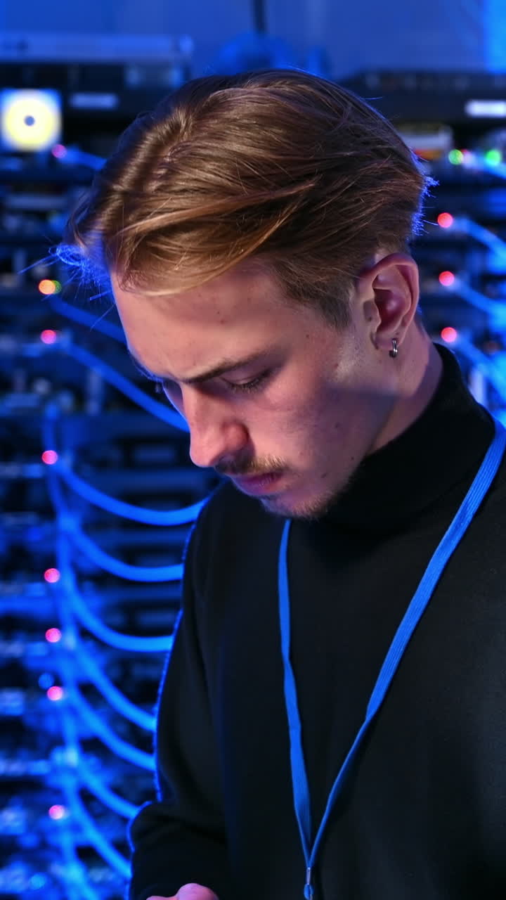 Man analysing data in a server room. Vertical