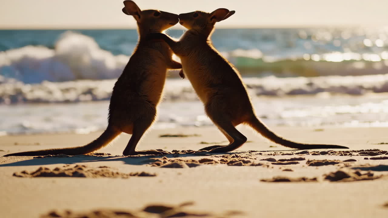 Two Wallabies on a Beach at Sunset