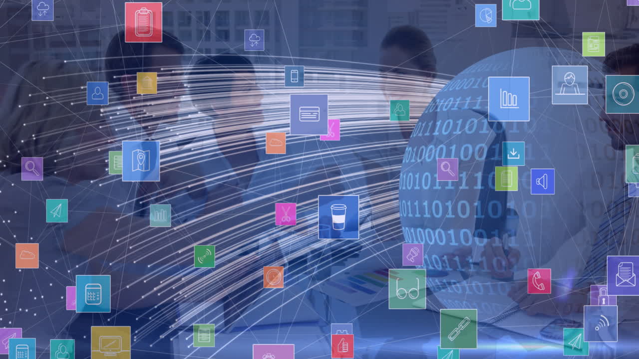 비나리 코딩을 통한 디지털 아이콘의 네트워크가 회의를 하는 사업가들을 상대로 전 세계에 퍼져 있습니다.