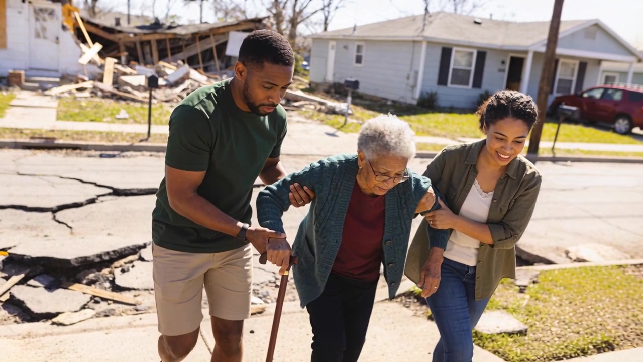 Approaching cracked suburban street, adult pair steadying senior woman to help cross, guiding cane