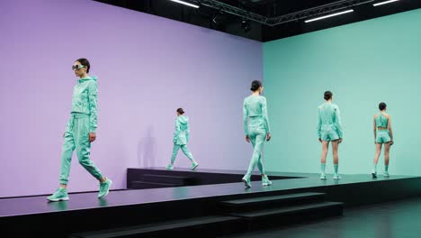 a stunning fashion showcase featuring models in mint green attire strutting on a modern runway against a minimalist dual-colored background in a contemporary setting