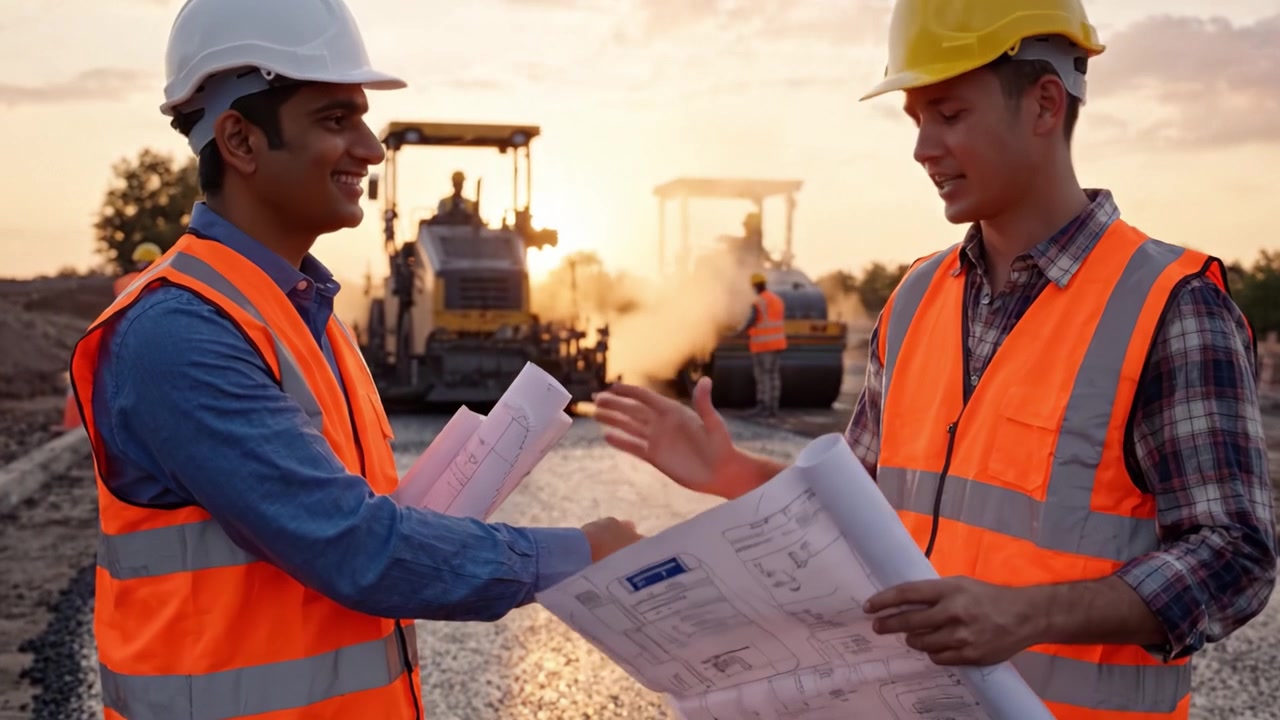 Construction Workers Reviewing Blueprints at Sunset on a Roadwork Site, Showcasing Collaboration and Commitment to Quality in Infrastructure Development