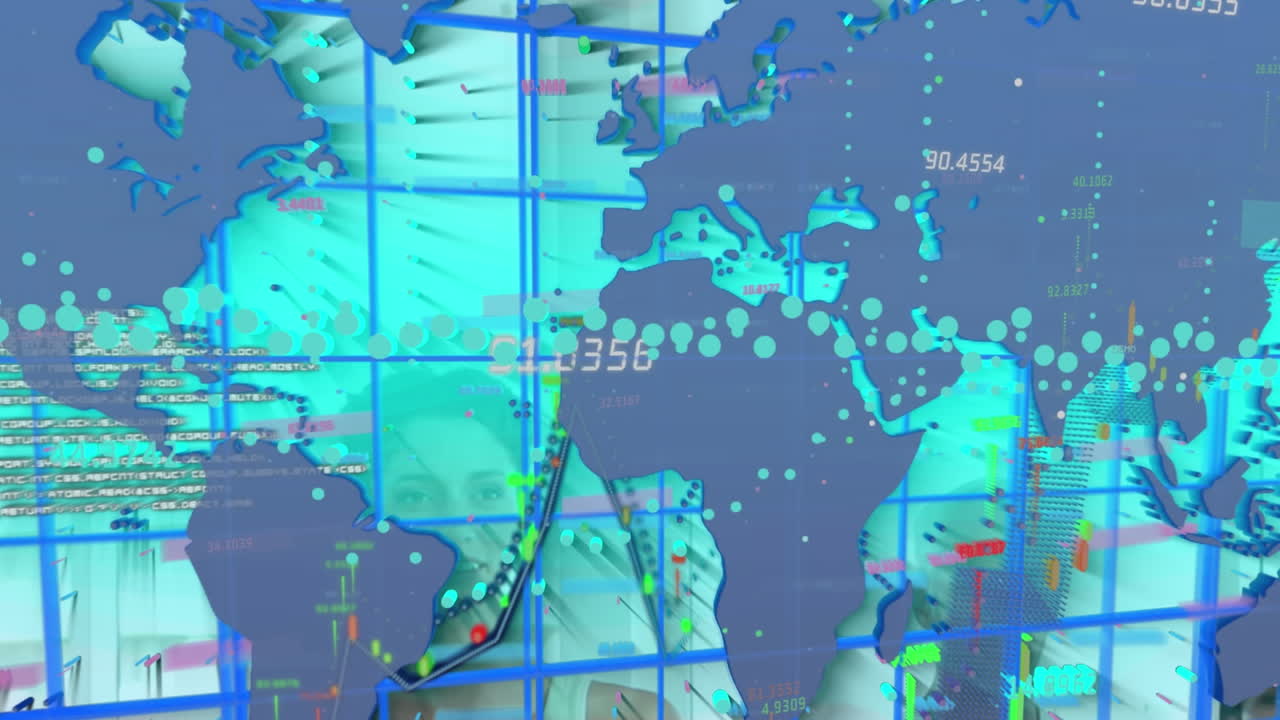 데이터 처리 및 세계 지도의 애니메이션 다양한 사람들이 운동