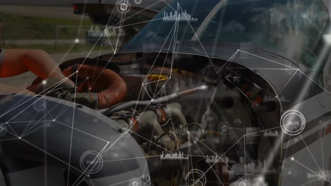 공항에서 비행기에 탑승하는 백인 남성 엔지니어에 대한 연결 네트워크의 애니메이션