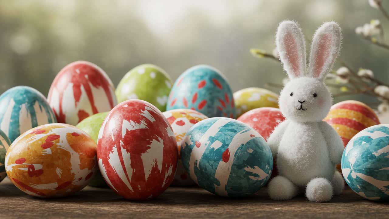 Cheerful Spring Scene Featuring a Cute Bunny Surrounded by Colorful Decorated Eggs, Perfect for Celebrating Easter and Capturing Seasonal Joy