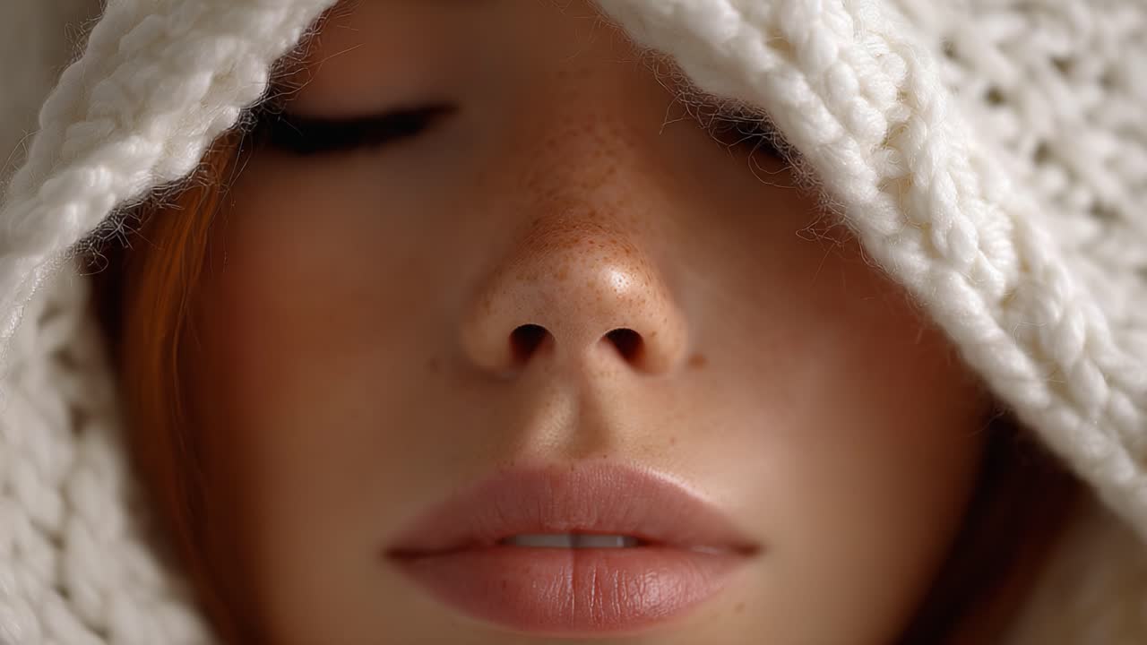 Potret Close-Up Seorang Wanita Muda dengan Bintik-Bintik Memakai Hoodie Putih yang Nyaman, Menangkap Keintiman dan Kecantikan Alami dalam Cahaya Lembut