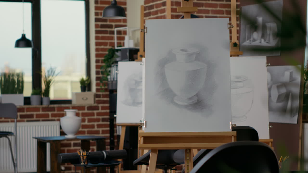 Empty art class with artistic equipment and canvas with easel