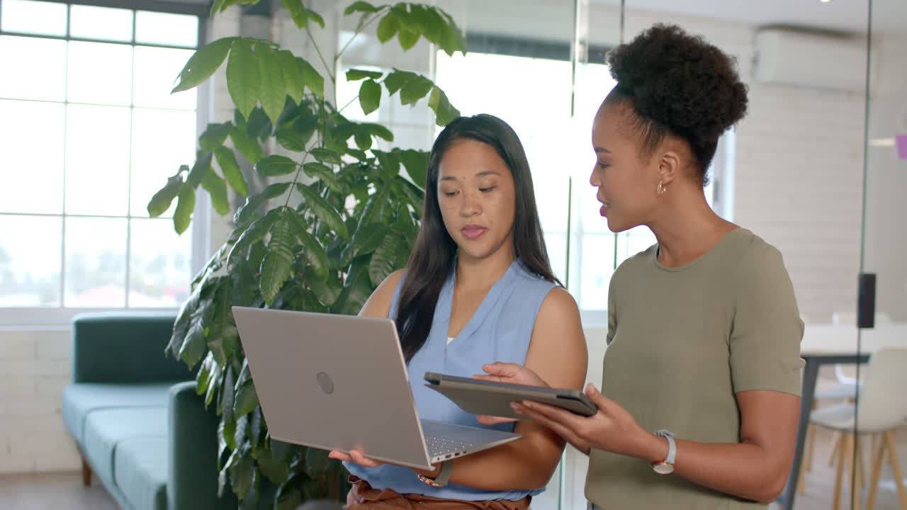 Biracial woman and young African American woman collaborate in a business office