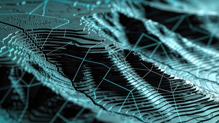 Panning virtual camera revealing layered contour ridge in digital map, showing texture and cyan net
