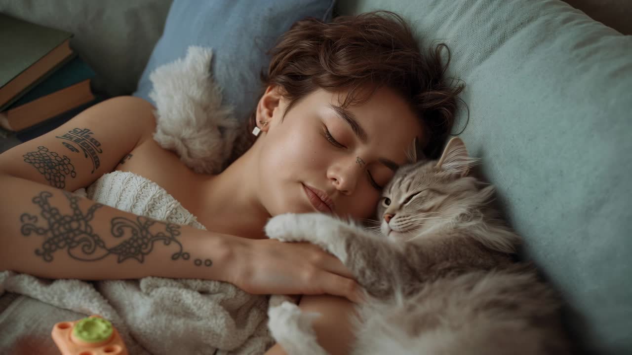 Una donna si agita nel letto, avvolta in una coperta, e alza la mano verso un gatto grigio, accarezzandolo per dargli conforto.