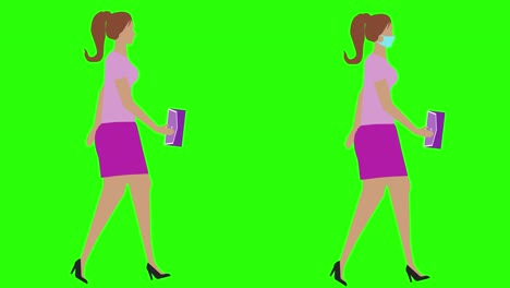 women walking cycle seamless loop , face mask version, green screen chroma key animation, flat design