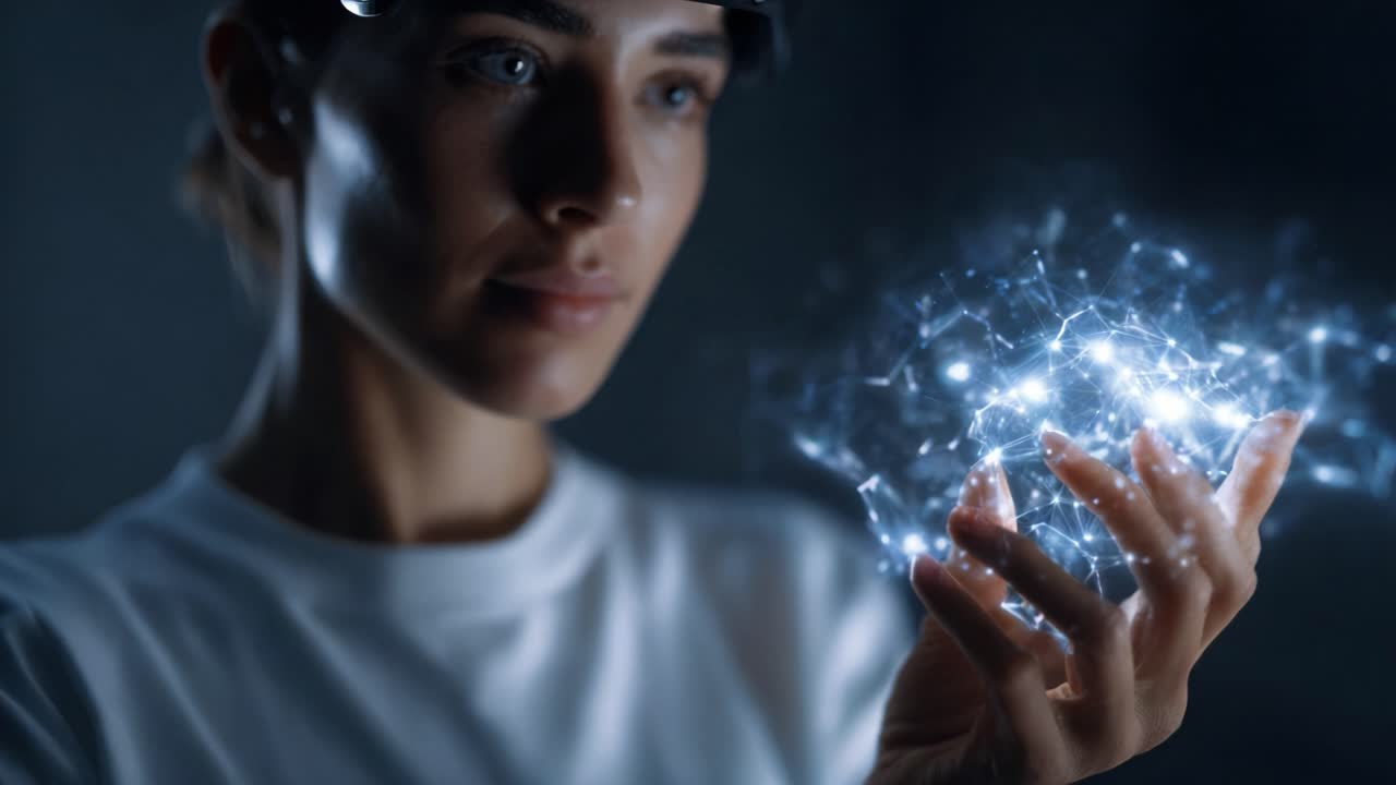 A focused woman appears engaged with a glowing, futuristic hologram in her hand, symbolizing innovation, technology, and the intersection of imagination and reality