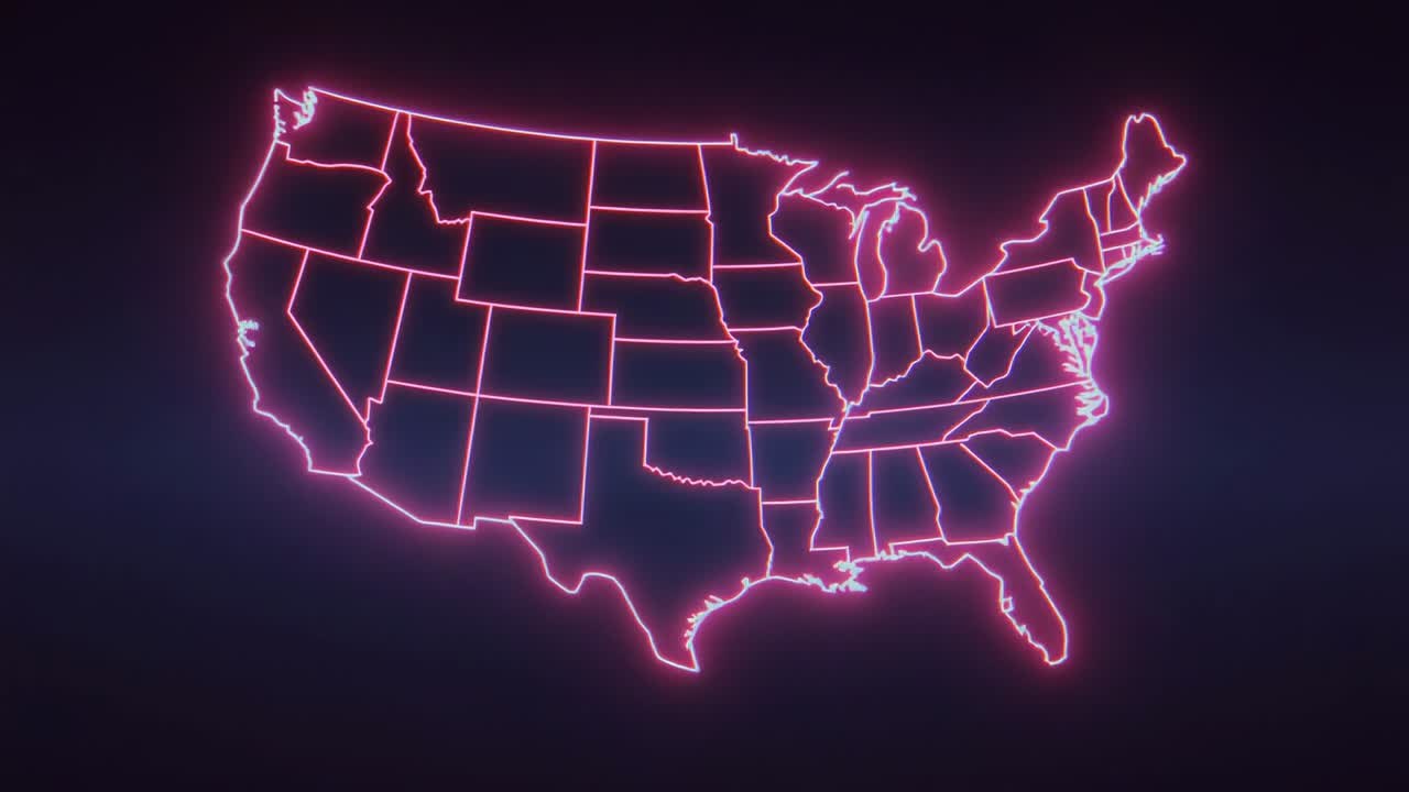 At start displaying neon US outline pulsing pink glow on gradient backdrop, mapping state borders