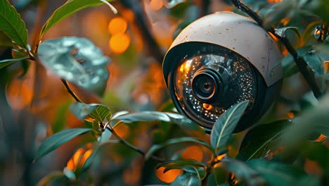 security camera hidden among green leaves