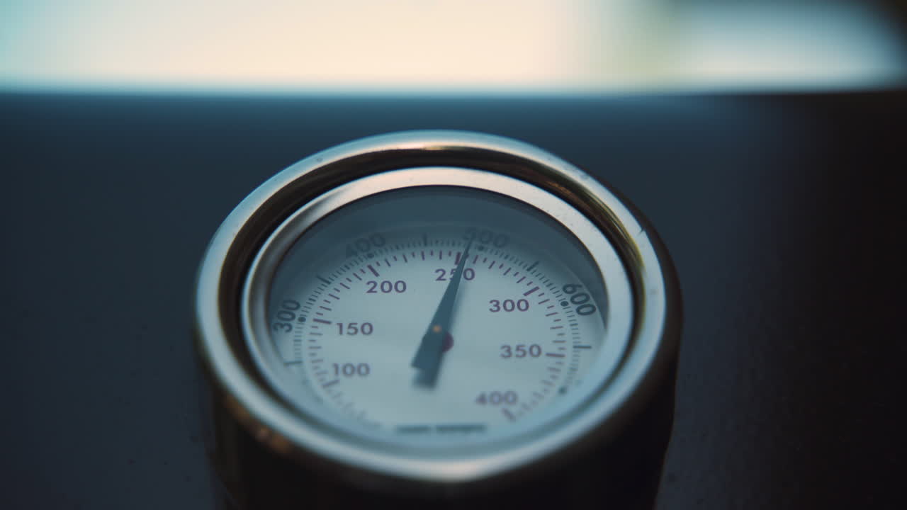 카메라가 바비큐 온도계 쪽으로 기울어져 있습니다.