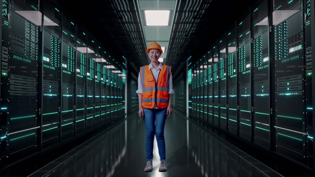 Full Body Of Asian Female Engineer With Safety Helmet Smiling To Camera While Standing in Server Room Data Center