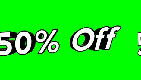 animación dibujos animados 50% de descuento en ejecución texto estilo plano emergente animación promocional fondo de pantalla verde 4k