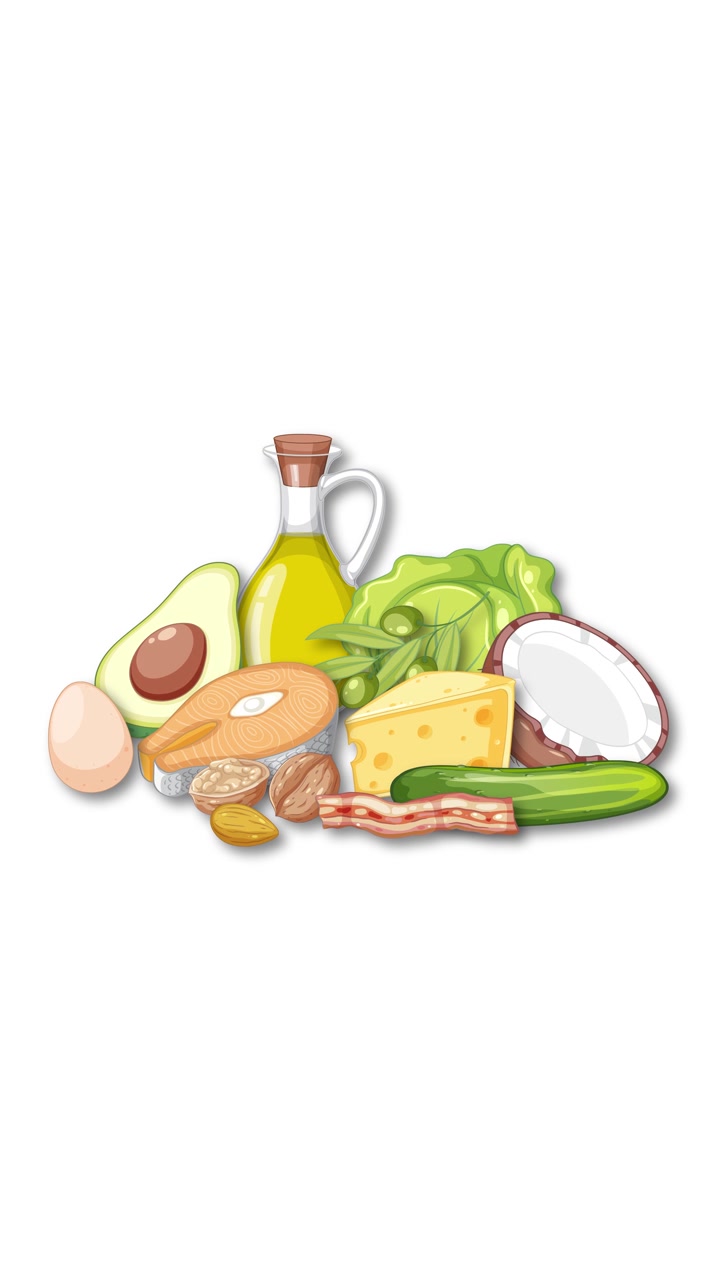 Diversi alimenti salutari appaiono fluidamente e si dispongono insieme, formando un gruppo completo su sfondo pulito.