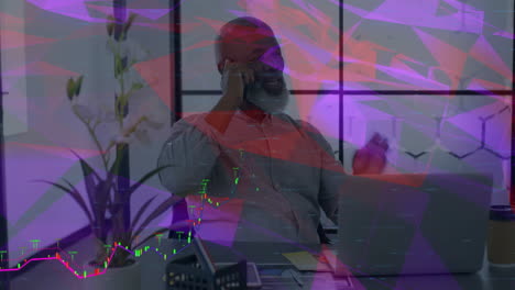 businessman talking on smartphone, gesturing at desk displaying animated stock chart candlesticks