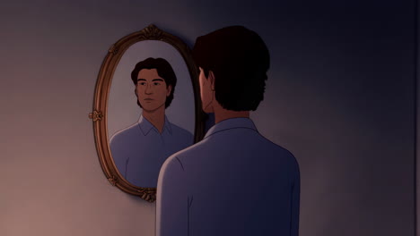 animated man staring at reflection in mirror
