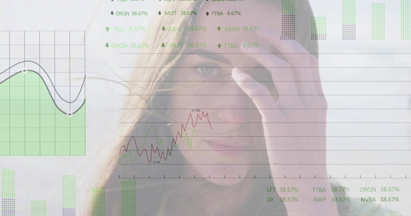 Kvindelig model står på solbeskinnet strand, gitterlinjer toner ind, initierer tekniske diagrammer, der viser data.