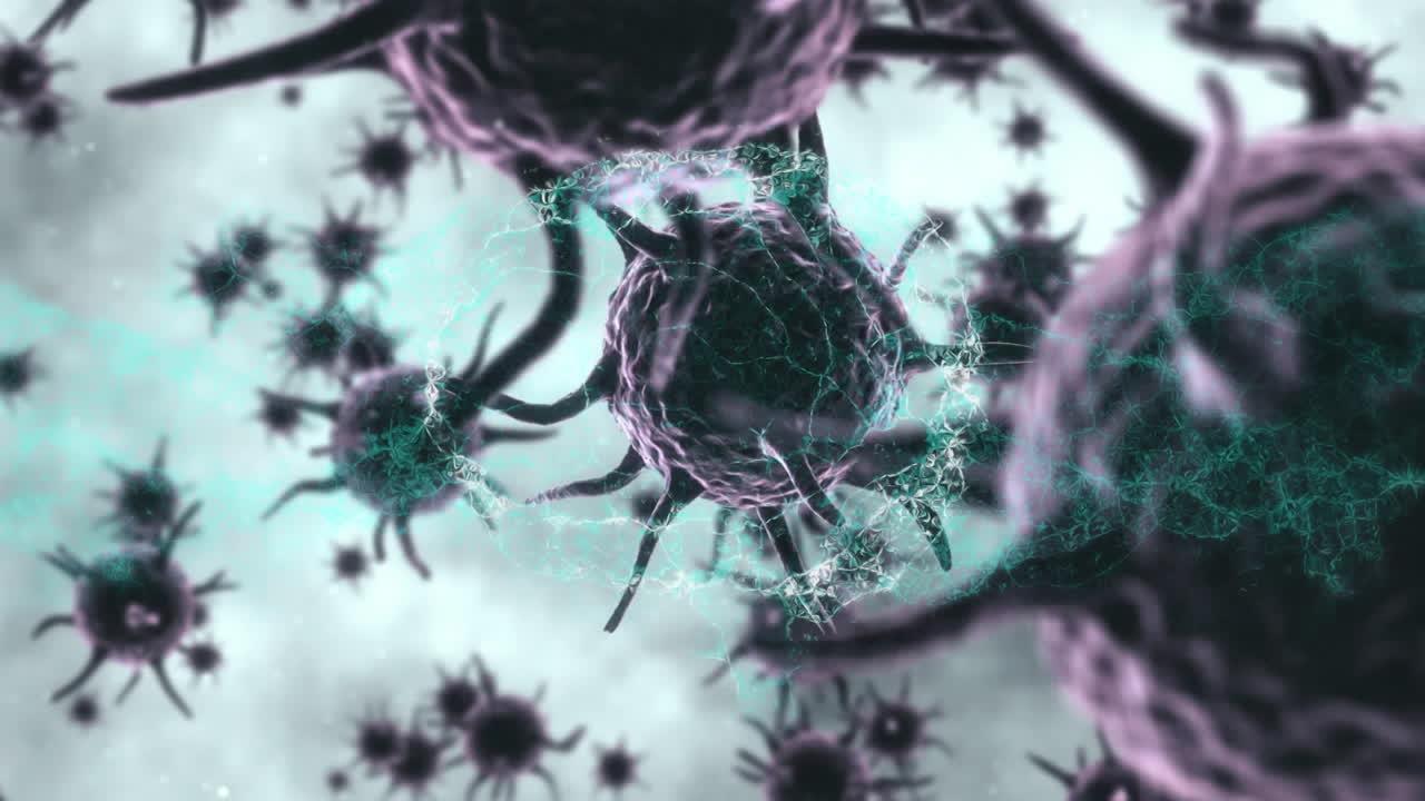 animación del cerebro humano girando sobre las células de covid 19 flotando