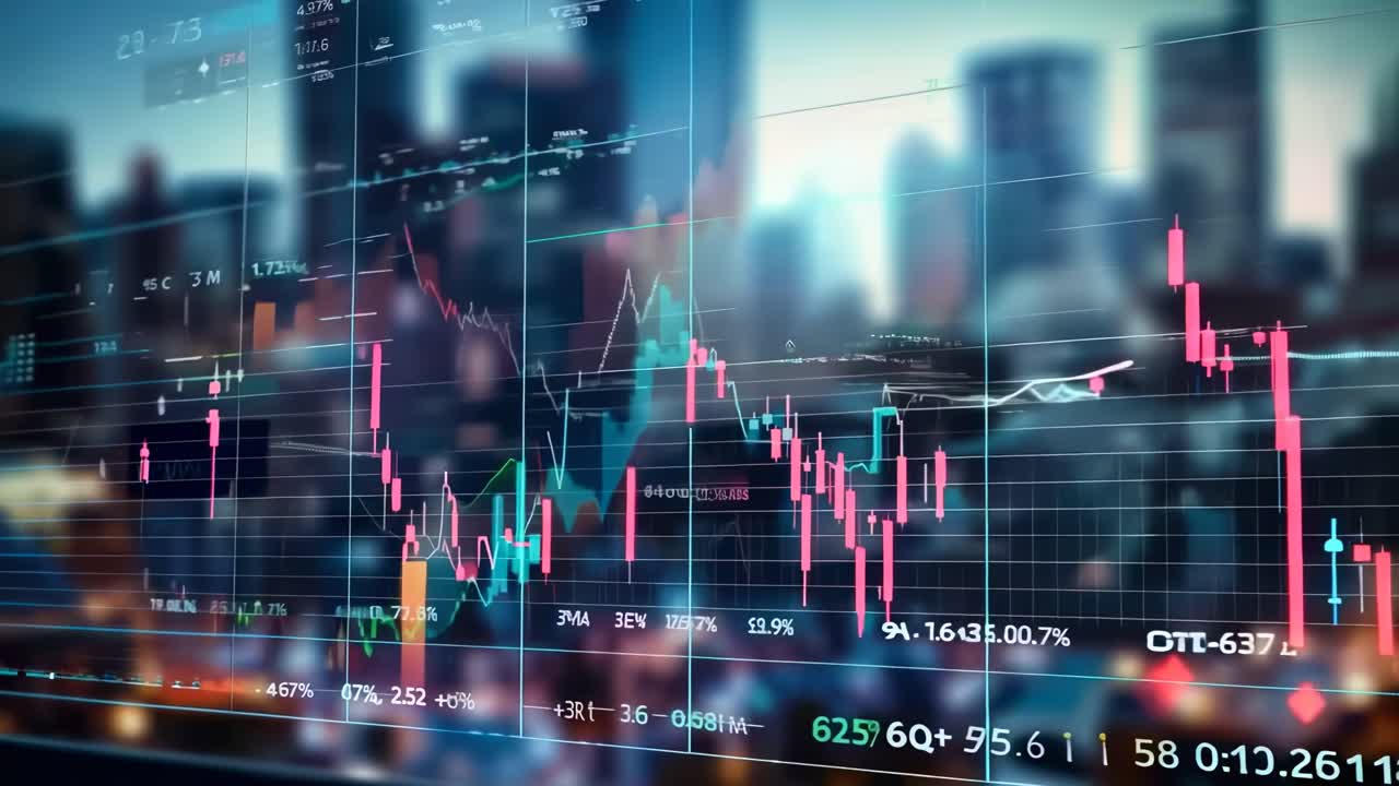 Dynamic video concept of financial data with a low-angle view, featuring colorful graphs and charts