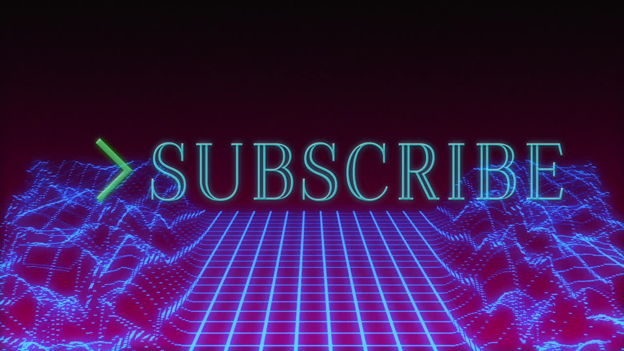 Neon subscribe text glowing over digital grid and abstract wave animation
